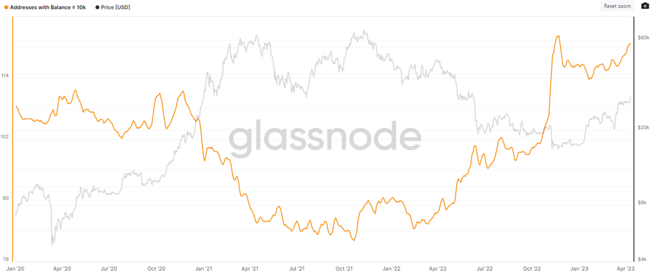 Aantal adressen op het Bitcoin netwerk met meer dan 10.000 BTC 