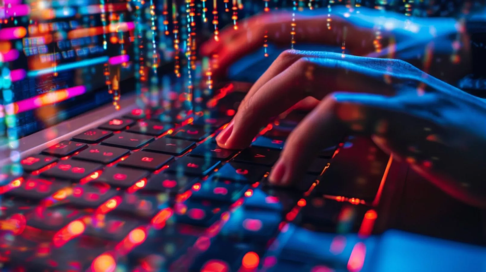 Close up of a hackers fingers on a cyberpunk keyboard codes flashing